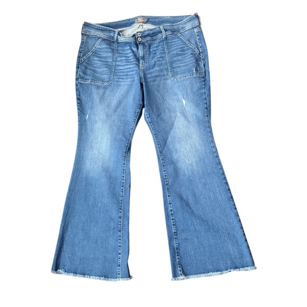 Torrid Mid-Rise Flare Jeans 22R Vintage Stretch Blue Denim Raw Hem Distressed